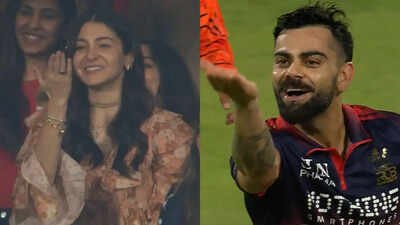 Anushka Sharma and Virat Kohli (Video grabs) Watch: Virat Kohli blows flying kiss to Anushka Sharma after RCB’s dominant win