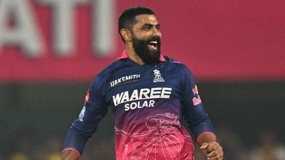 Rajasthan Royals's Ravindra Jadeja celebrates after taking the wicket of Chennai Super Kings batter Sarfaraz Khan during the 2026 IPL match (AFP)
