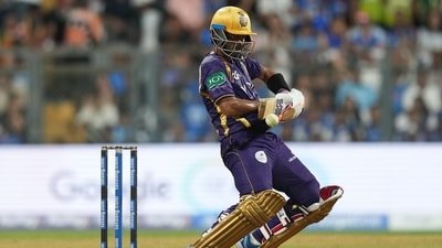 Kolkata Knight Riders' batsman Ajinkya Rahane plays a shot against Mumbai Indians during the Indian Premier League (IPL) 2026 cricket match (AP)