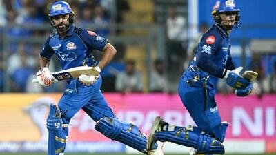 Mumbai Indians openers Rohit Sharma (L) and Ryan Rickelton during their 148-run partnership in the six-wicket win over Kolkata Knight Riders in IPL 2026 at the Wankhede Stadium, Mumbai on Sunday. (AFP)