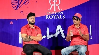 Rajasthan Royals captain Riyan Parag, left, with team's Head Coach Kumar Sangakkara, during a pre-season press conference (PTI)