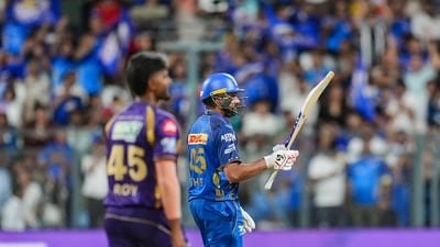 Mumbai Indians' Rohit Sharma celebrates his half century during an Indian Premier League (IPL) 2026 T20 cricket match between Mumbai Indians and Kolkata Knight Riders (PTI)