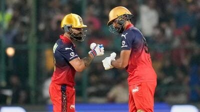 Royal Challengers Bengaluru's Devdutt Padikkal and Virat Kohli against Sunrisers Hyderabad at the M Chinnaswamy Stadium in Bengaluru. (AP) Royal Challengers Bengaluru's Devdutt Padikkal and Virat Kohli against Sunrisers Hyderabad at the M Chinnaswamy Stadium in Bengaluru. (AP)