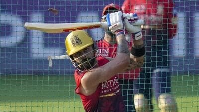 Royal Challengers Bengaluru’s Virat Kohli during a practice session on the eve of the IPL opener against Sunrisers Hyderabad in Bengaluru. (PTI)