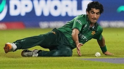 Pakistan's Naseem Shah dives to field the ball during the T20 World Cup cricket match between Pakistan and Sri Lanka in Pallekele, Sri Lanka, Saturday, Feb. 28, 2026. (AP)