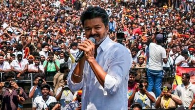Tamilaga Vettri Kazhagam (TVK) chief and actor Vijay campaigns after filing his nomination papers for the Tamil Nadu Assembly elections from the Perambur constituency, in Chennai. (Handout via PTI Photo)(PTI03_30_2026_000182B) (PTI)