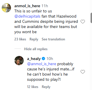 Alyssa Healy response to a fan