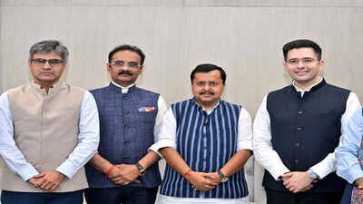 BJP president Nitin Nabin (second, right) welcomes Raghav Chadha, Sandeep Pathak, Ashok Mittal, others to BJP Rajya Sabha chairman accepts merger of 7 AAP MPs with BJP