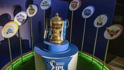 IPL Trophy during the 2021 Indian Premier League player auction, at the Hotel ITC Grand Chola in Chennai, on Thursday. (ANI Photo/IPL Twitter)