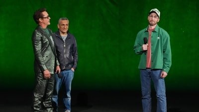 Cast member Robert Downey Jr., from left, director Joe Russo, and cast member Chris Evans of the upcoming film Avengers: Doomsday, speak during the Walt Disney Studios presentation at CinemaCon on Thursday, April 16, 2026, at Caesars Palace in Las Vegas. (AP Photo/Chris Pizzello) (Chris Pizzello/Invision/AP)