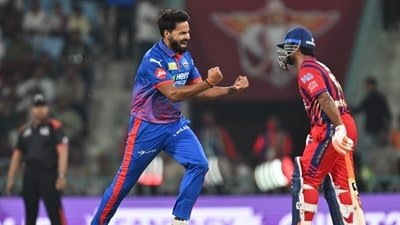 Mukesh Kumar celebrates after taking wicket of LSG skipper Rishabh Pant during the IPL match between Lucknow Super Giants and Delhi Capitals
