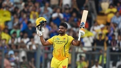 Sanju Samson celebrates 100 runs against Mumbai Indians during the IPL 2026 at Wankhede Stadium in Mumbai (Raju Shinde)