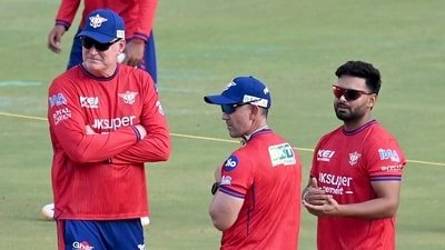 Rishabh Pant, captain of LSG with head coach Justin Langer during the training session.