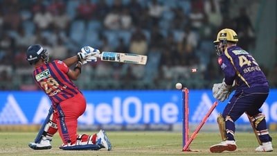 Nicholas Pooran of Lucknow Super Giants (LSG) clean bowled by Sunil Narine.