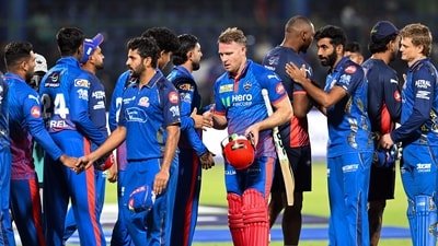 Delhi Capitals' Team players exchange handshake with Mumbai Indians players after winning the IPL 2026 match. (Jitender Gupta)