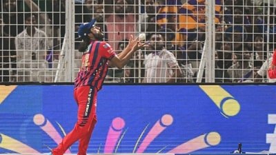Lucknow Super Giants' Digvesh Singh takes the catch of Kolkata Knight Riders' Finn Allen. (ANI Pic Service) Lucknow Super Giants' Digvesh Singh takes the catch of Kolkata Knight Riders' Finn Allen. (ANI Pic Service)
