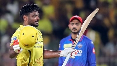 Sanju Samson celebrates his century during IPL 2026 match between CSK and DC. (ANI Pic Service)