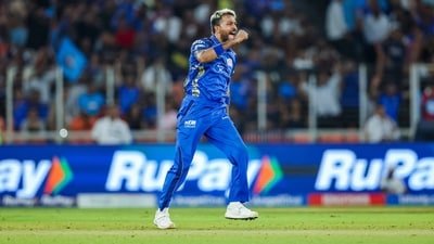 Mumbai Indians' skipper Hardik Pandya celebrates the wicket of Gujarat Titans' Jos Buttler during their Indian Premier League 2026 match (ANI Pic Service)