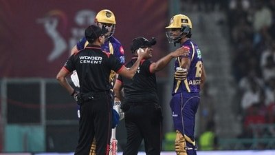 Umpires speak to Kolkata Knight Riders' Angkrish Raghuvanshi during the Indian Premier League 2026 match against Lucknow Super Giants (ANI Pic Service)