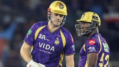 Ahmedabad, Apr 17 (ANI): Kolkata Knight Riders' Cameron Green and Rovman Powell celebrate their partnership during the Indian Premier League 2026 match against Gujarat Titans at Narendra Modi Stadium, in Ahmedabad on Friday. (ANI Photo) (ANI Pic Service)