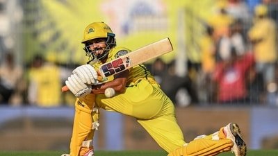 Chennai Super Kings' captain Indian cricket player Ruturaj Gaikwad plays a shot during the 2026 IPL match against Gujarat Titans (AFP)