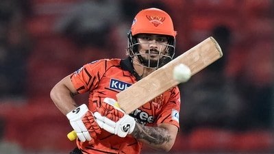Sunrisers Hyderabad's captain Indian cricket player Ishan Kishan watches the ball after playing a shot during the 2026 IPL match between Sunrisers Hyderabad and Delhi Capitals (AFP)