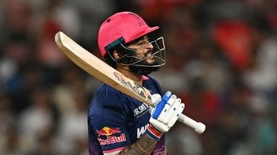 Rajasthan Royals' captain Riyan Parag reacts after missing a shot during the 2026 IPL match against Punjab Kings (AFP)