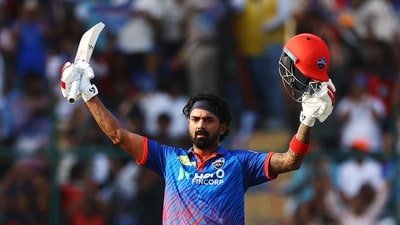 KL Rahul celebrates after completing his century vs PBKS. (REUTERS)