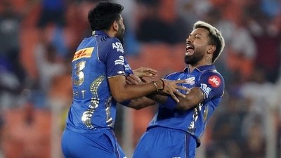 Mumbai Indians' Hardik Pandya celebrates the wicket of Gujarat Titans' Sai Sudharsan (REUTERS)