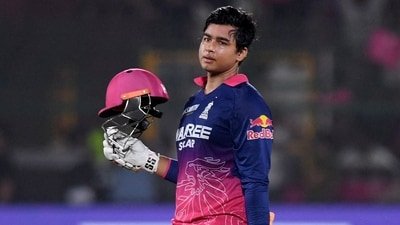 Rajasthan Royals' Vaibhav Sooryavanshi celebrates after reaching his century (REUTERS)