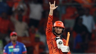 Sunrisers Hyderabad's Abhishek Sharma celebrates after reaching his century (REUTERS)