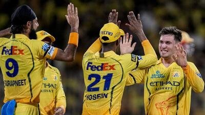 CSK’s Noor Ahmad celebrates after taking the wicket of Kolkata Knight Riders' captain Ajinkya Rahane. (PTI)