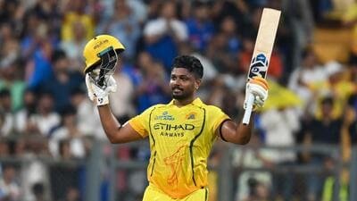 Chennai Super Kings' Sanju Samson celebrates after scoring a hundred against Mumbai Indians at the Wankhede Stadium. (Raju Shinde/HT)