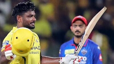 Chennai Super Kings opener Sanju Samson celebrates his century against Delhi Capitals in their IPL 2026 match at the MA Chidambaram Stadium in Chennai on Saturday. (ANI)