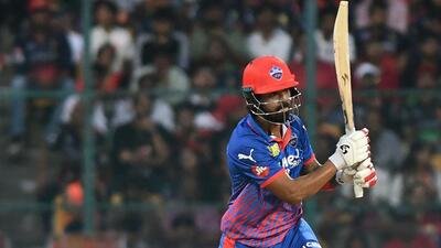 Delhi Capitals opener KL Rahul plays a shot during his knock of 57 in the win over Royal Challengers Bengaluru at the M Chinnaswamy Stadium in Bengaluru on Saturday. (AFP)