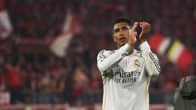 Jude Bellingham greets the fans after the end of the UEFA Champions League quarter-final second leg match. (AFP)
