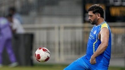 Chennai Super Kings' MS Dhoni during a practice session during the Indian Premier League 2026. (HT_PRINT)