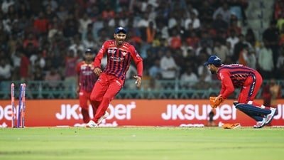 Lucknow Super Giants' captain Rishabh Pant, right, attempts unsuccessfully to run Rajasthan Royals' Donovan Ferreira out during the IPL 2026 match (AP)