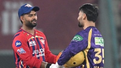 Kolkata Knight Riders' Rinku Singh, right, shakes hands with Lucknow Super Giants captain Rishabh Pant after their win in super over during the IPL match (AP)