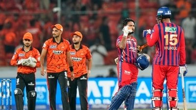Lucknow Super Giants' captain Rishabh Pant, centre, and Mukul Choudhary celebrate after winning the Indian Premier League cricket match between Sunrisers Hyderabad and Lucknow Super Giants in Hyderabad, India, Sunday, April 5, 2026. (AP Photo/Mahesh Kumar A.) (AP)