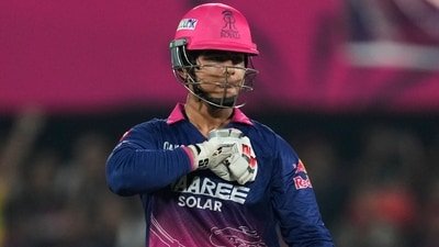 Vaibhav Sooryavanshi celebrates his fifty runs during the IPL 2026 match between RCB and RR. (AP)