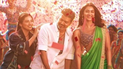 Mamitha Baiju along with Vijay and Pooja Hegde in a still from Jana Nayagan song Thalapathy Kacheri.