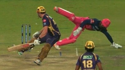 Dhruv Jurel's acrobatic stumping of Cameron Green. (Rajasthan Royals X)