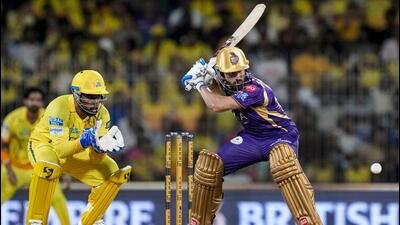 Kolkata Knight Riders' Ramandeep Singh plays a shot against Chennai Super Kings. (PTI)