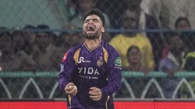 Kolkata Knight Riders' Rinku Singh celebrates after taking a catch against Lucknow Super Giants. (PTI)