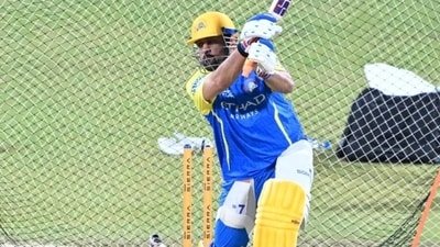 MS Dhoni batting in CSK nets ahead of the MI game in IPL 2026. (X images)