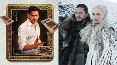 Vijay Varma, Kit Harrington and Emilia Clarke in stills from Matka King and Game of Thrones.