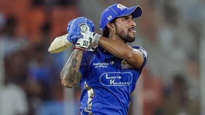 Mumbai Indians batter Tilak Varma on way to his first IPL century against Gujarat Titans at the Narendra Modi Stadium in Ahmedabad on Monday. (ANI)