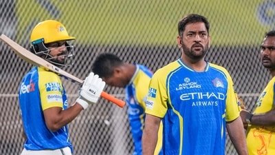 Chennai Super Kings' MS Dhoni, right, during a practice session on the eve of the Indian Premier League (IPL) 2026 cricket match against Punjab Kings (PTI)