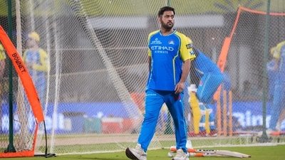 MS Dhoni during a practice session on the eve of an IPL 2026 match. (PTI)